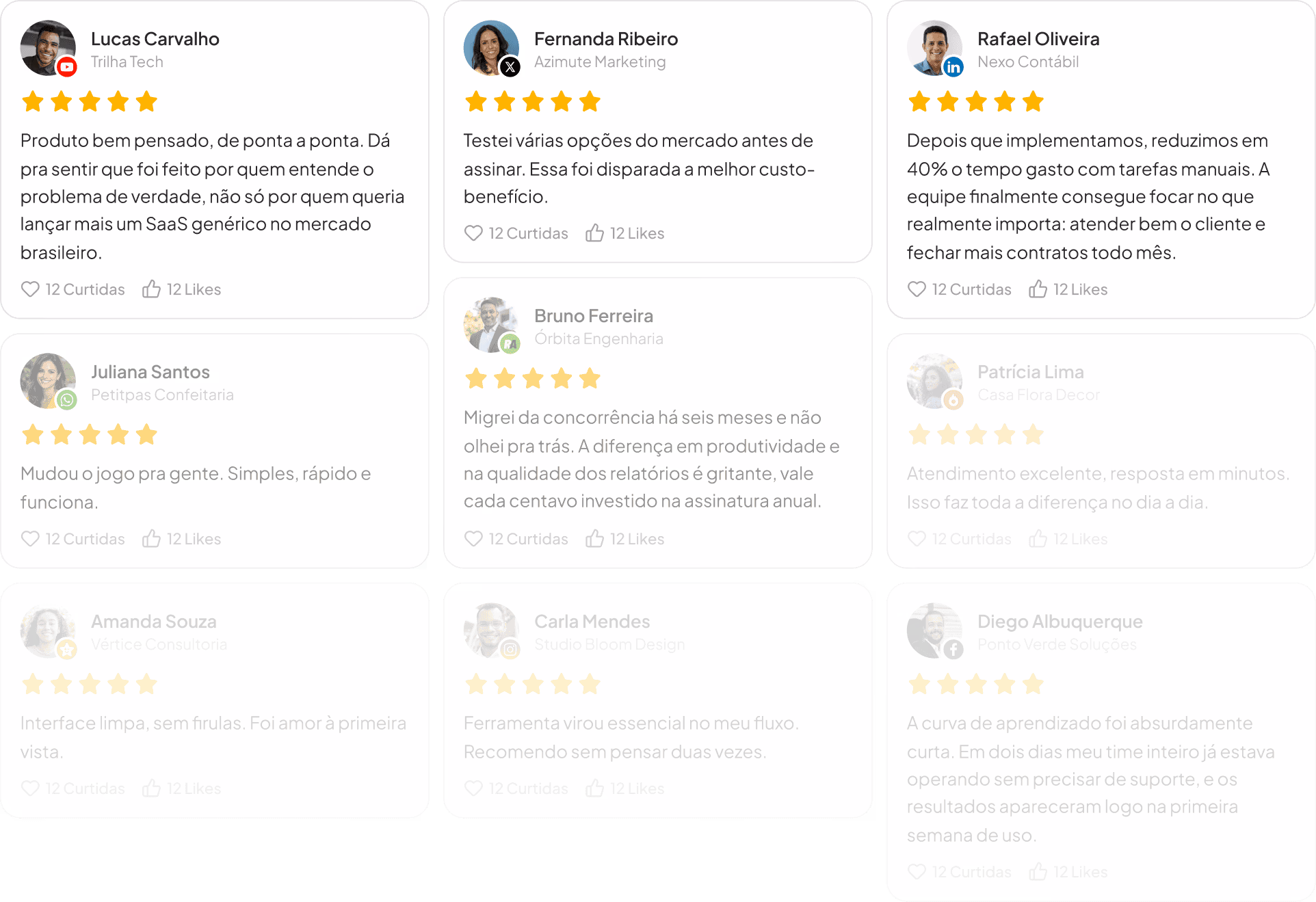 Grid de depoimentos coletados